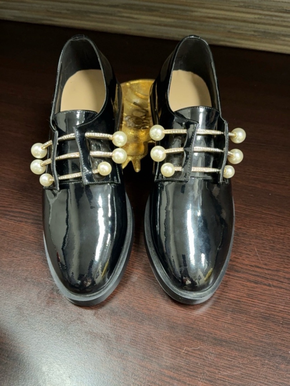 Statement customs patent black loafers with pearl details! One of a kind!